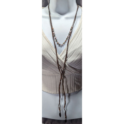 Bohemian Hippie Brown Suede Beaded Necklace With Tie Accent