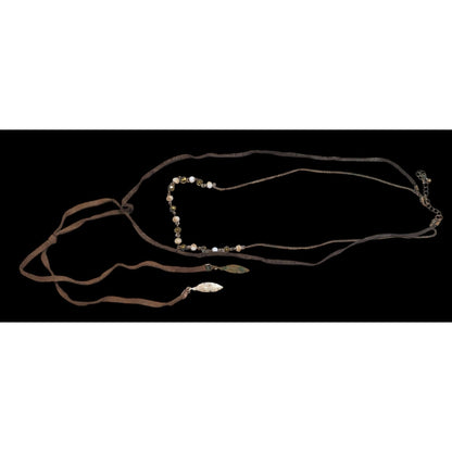 Bohemian Hippie Brown Suede Beaded Necklace With Tie Accent