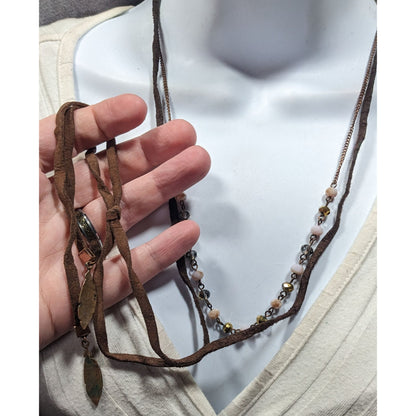 Bohemian Hippie Brown Suede Beaded Necklace With Tie Accent