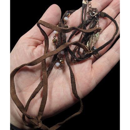 Bohemian Hippie Brown Suede Beaded Necklace With Tie Accent