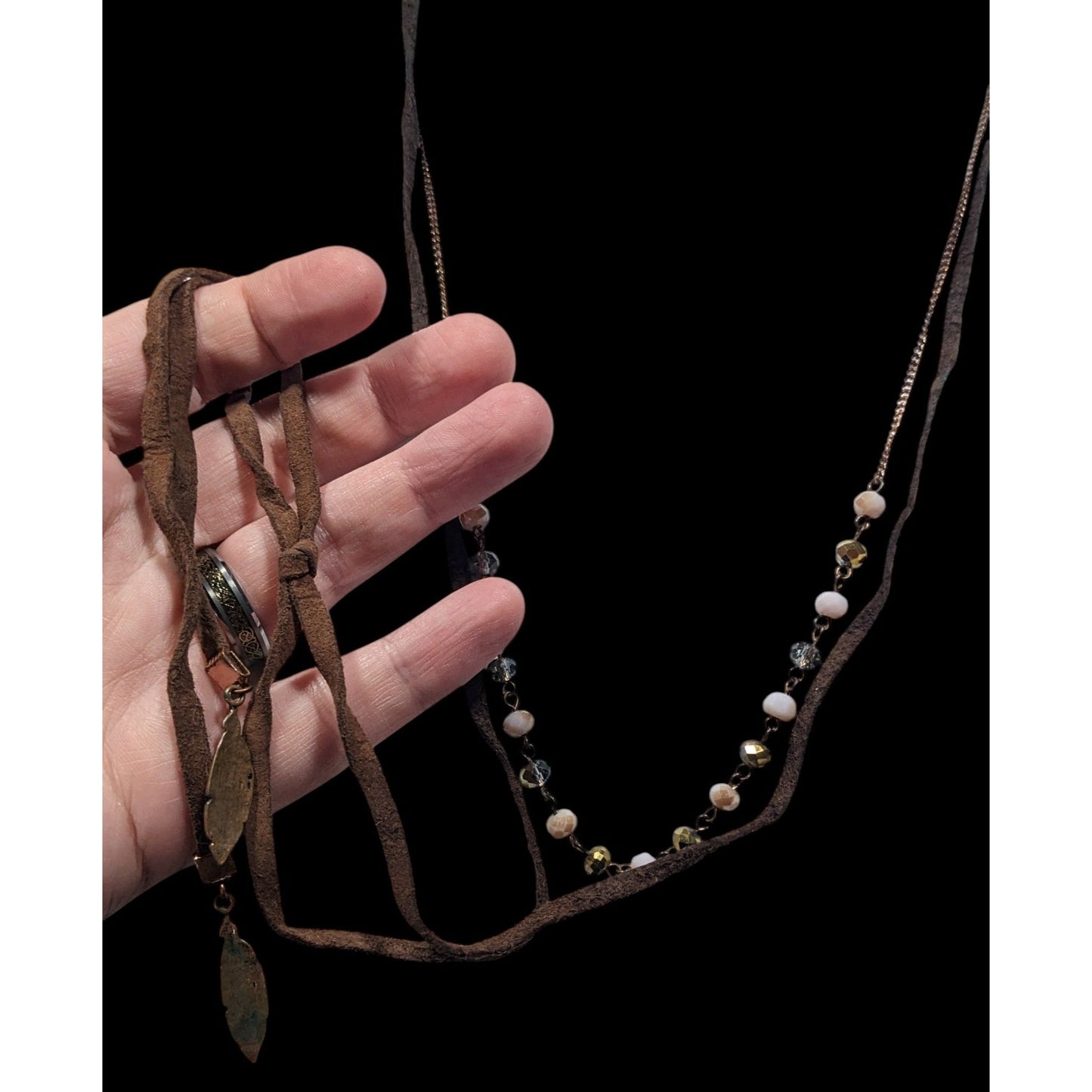 Bohemian Hippie Brown Suede Beaded Necklace With Tie Accent