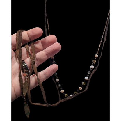Bohemian Hippie Brown Suede Beaded Necklace With Tie Accent