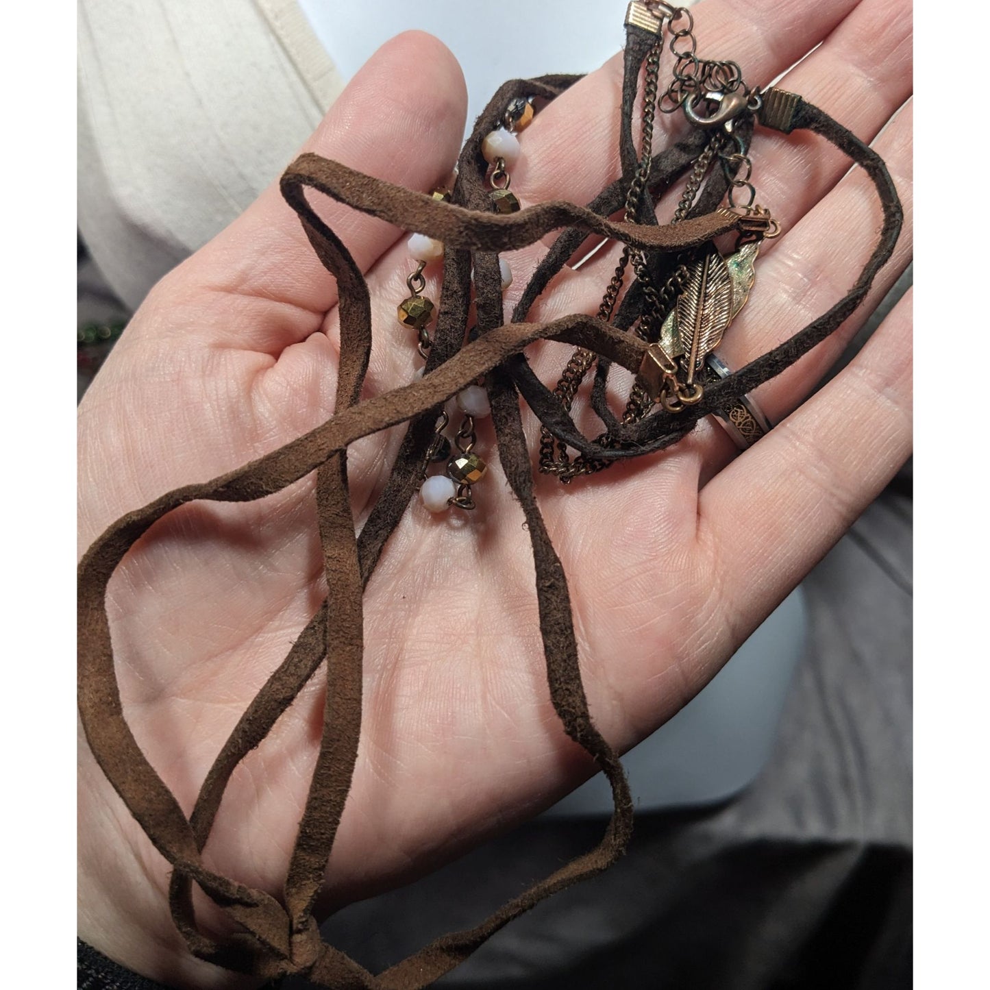 Bohemian Hippie Brown Suede Beaded Necklace With Tie Accent