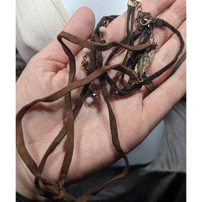 Bohemian Hippie Brown Suede Beaded Necklace With Tie Accent