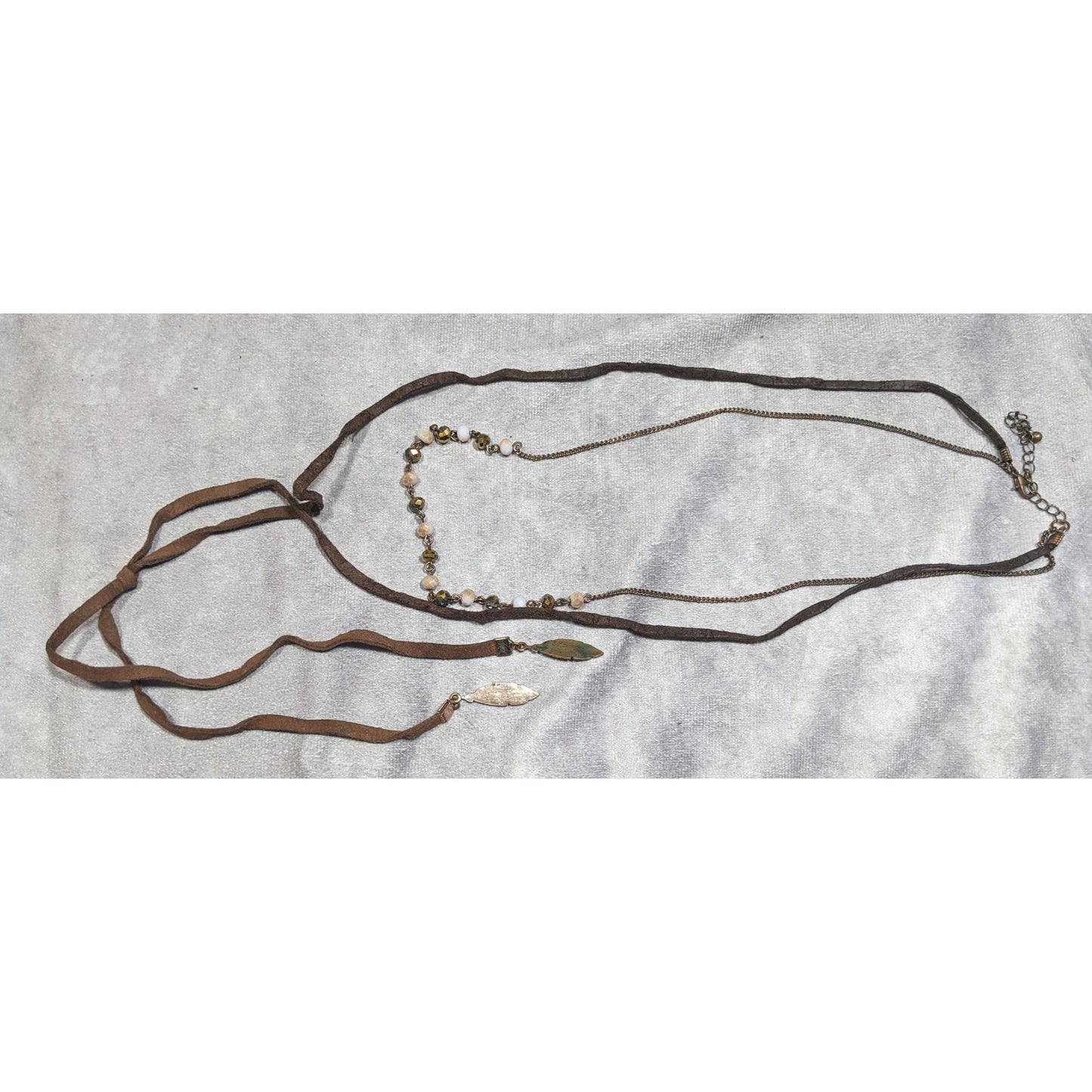 Bohemian Hippie Brown Suede Beaded Necklace With Tie Accent