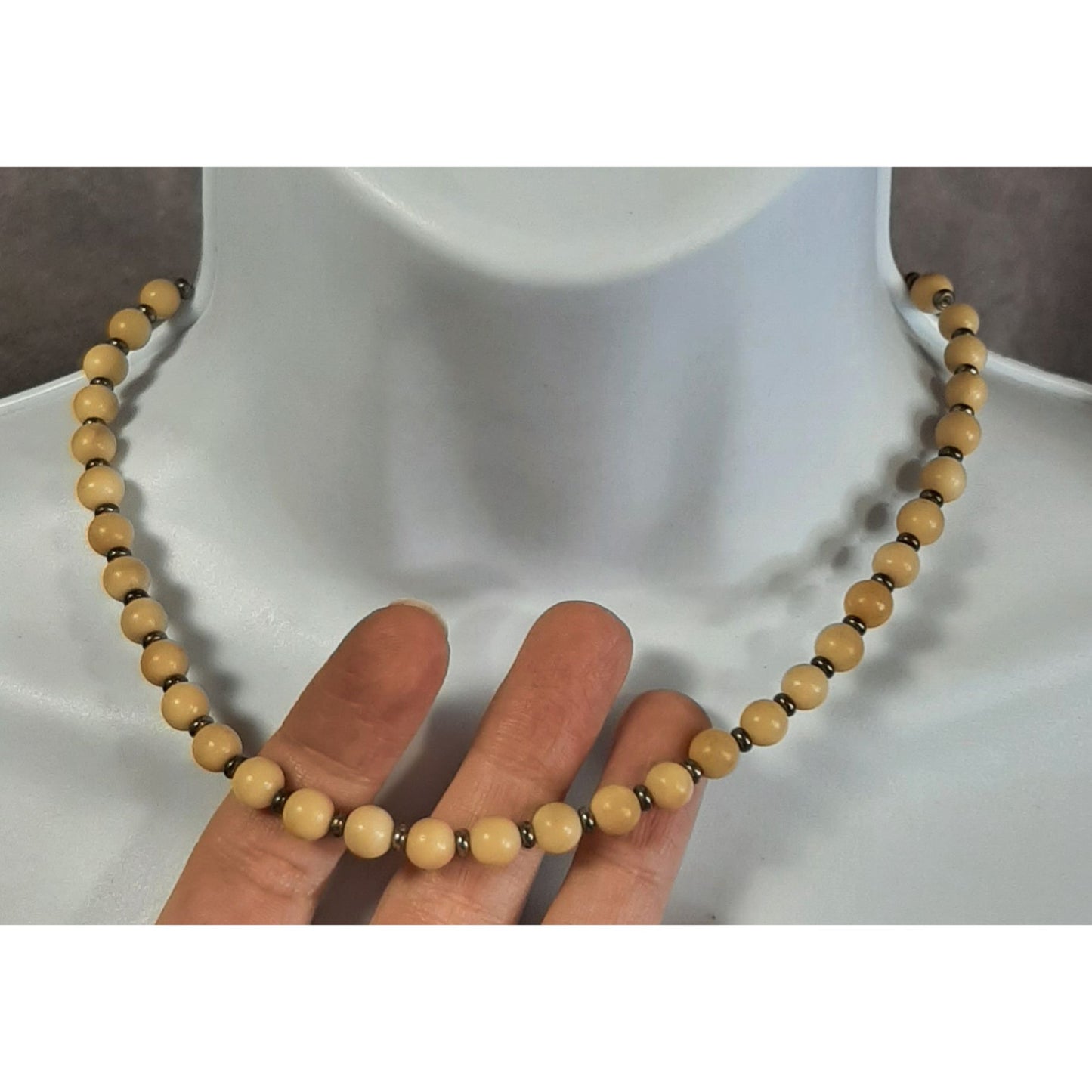 Vintage Beige Wood Beaded Necklace With Metal Spacers