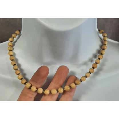 Vintage Beige Wood Beaded Necklace With Metal Spacers