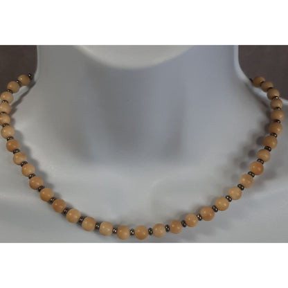 Vintage Beige Wood Beaded Necklace With Metal Spacers