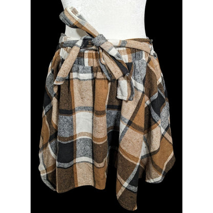 Shien 90s Style Grunge Brown Plaid Asymmetrical Skirt With Tie Accent
