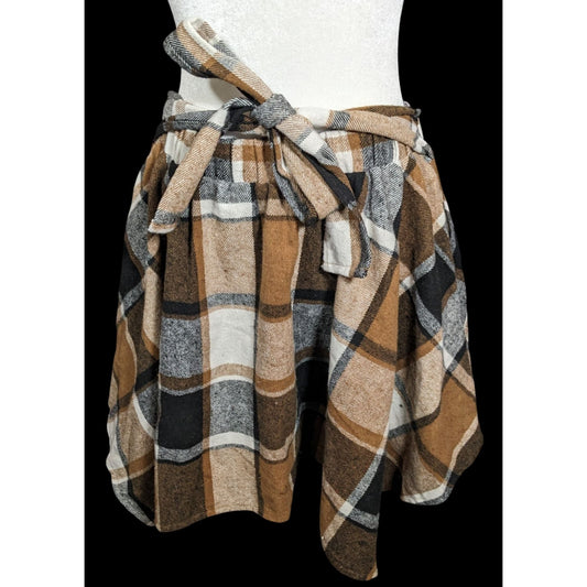 Shien 90s Style Grunge Brown Plaid Asymmetrical Skirt With Tie Accent