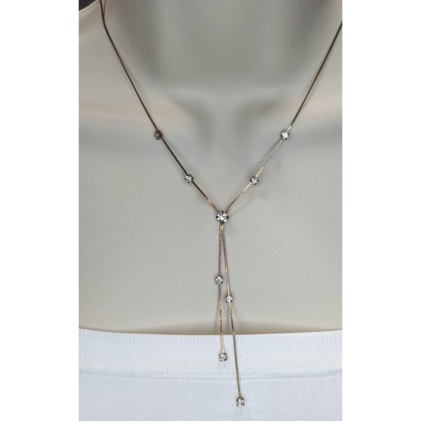 Vintage 90s Claires Gold-Tone Y Necklace With Clear Rhinestones