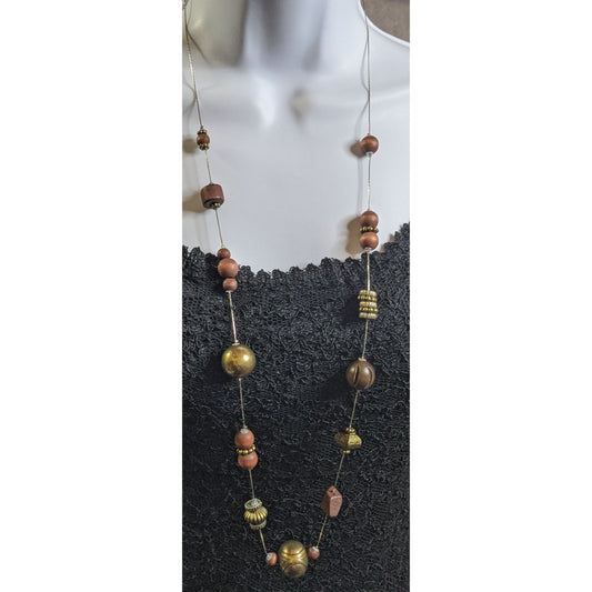 Rustic Wood And Brass Beaded Station Necklace