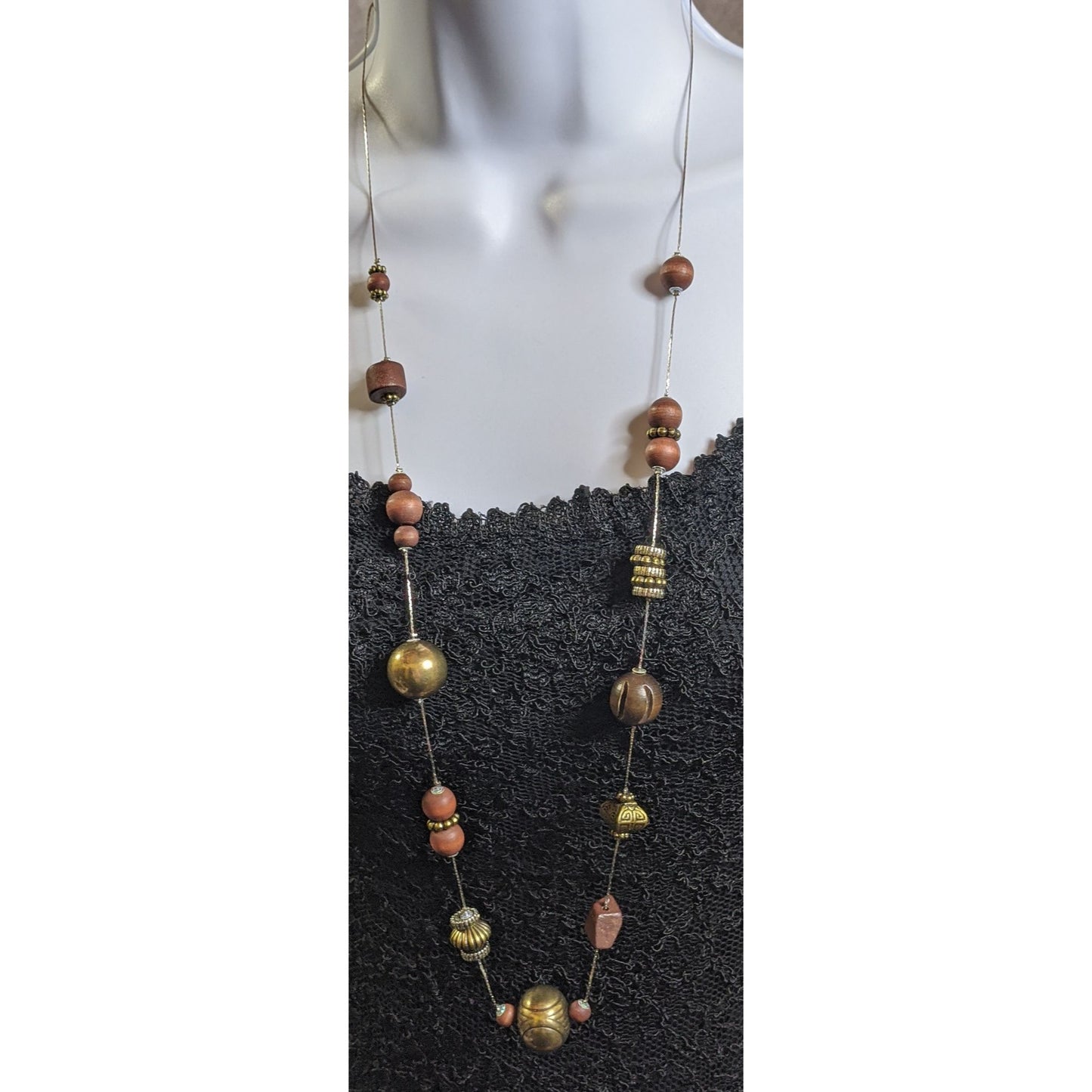 Rustic Wood And Brass Beaded Station Necklace