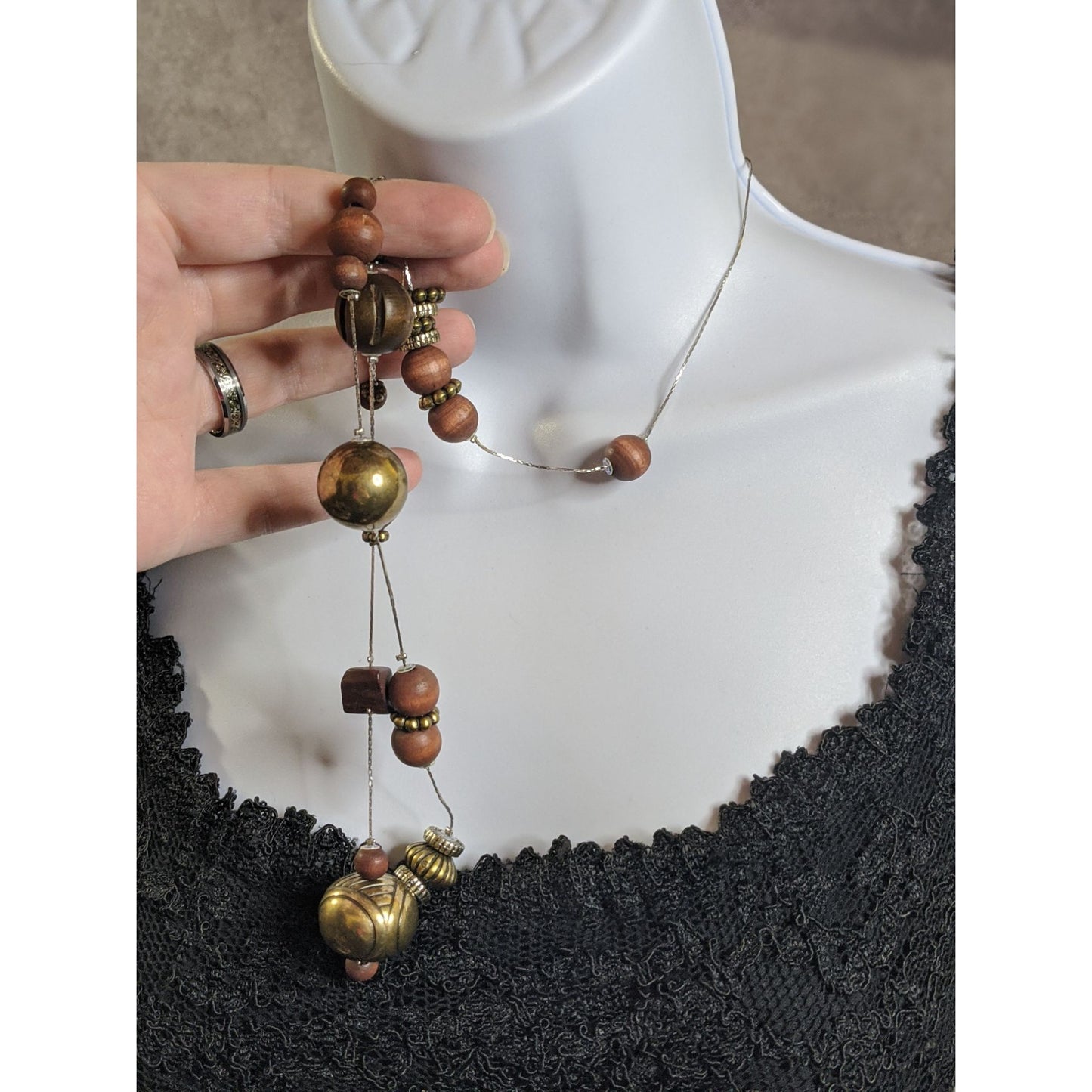Rustic Wood And Brass Beaded Station Necklace