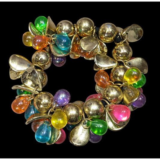 Colorful Vintage Charm Bracelet With Gold-Tone Beads & Multicolored Drops