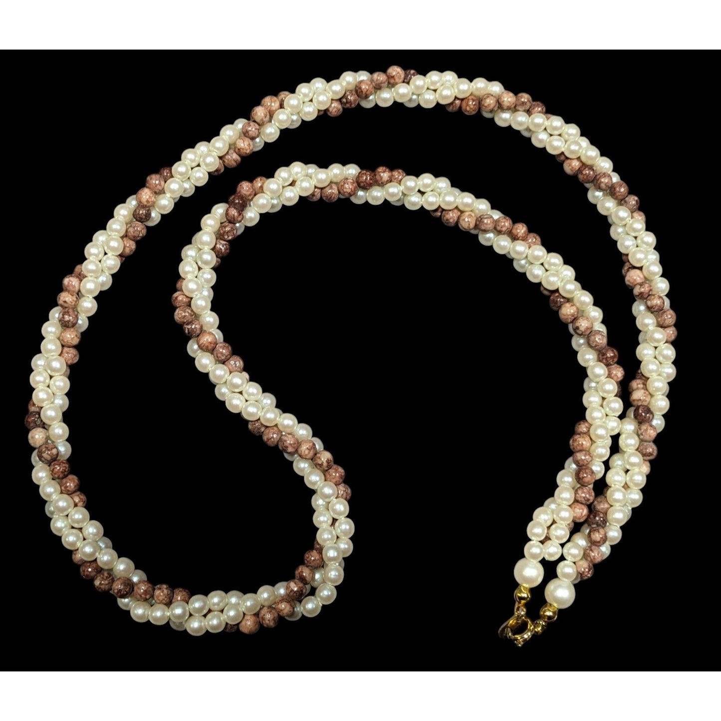 Vintage Faux Pearl And Tan Agate Beaded Torsade Necklace