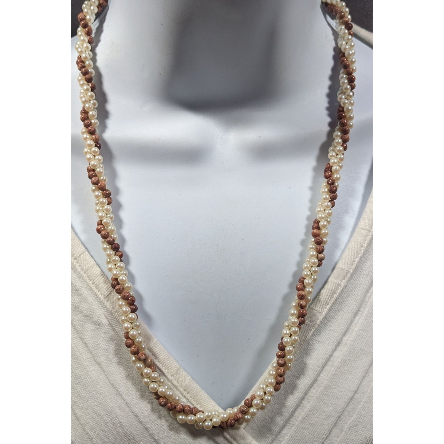 Vintage Faux Pearl And Tan Agate Beaded Torsade Necklace