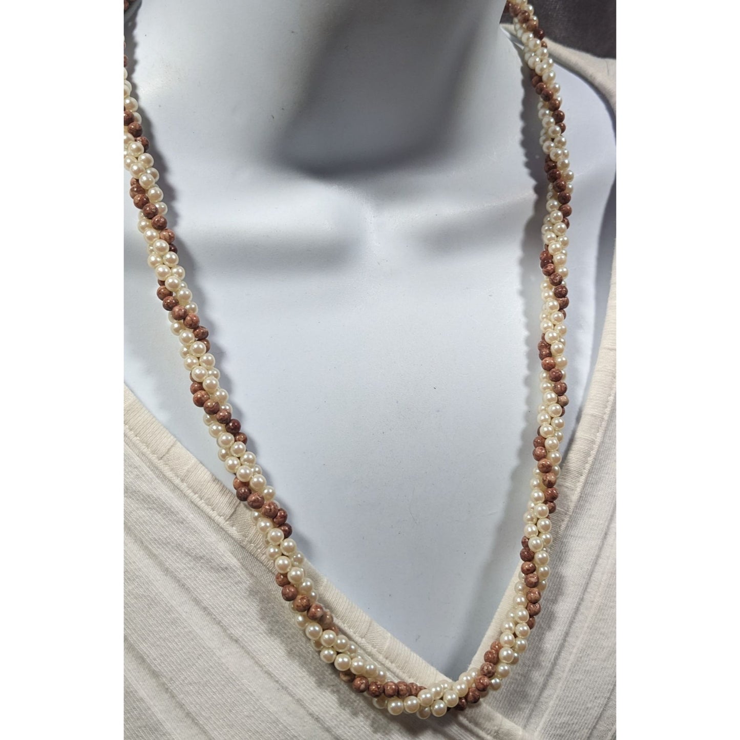 Vintage Faux Pearl And Tan Agate Beaded Torsade Necklace