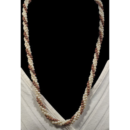 Vintage Faux Pearl And Tan Agate Beaded Torsade Necklace