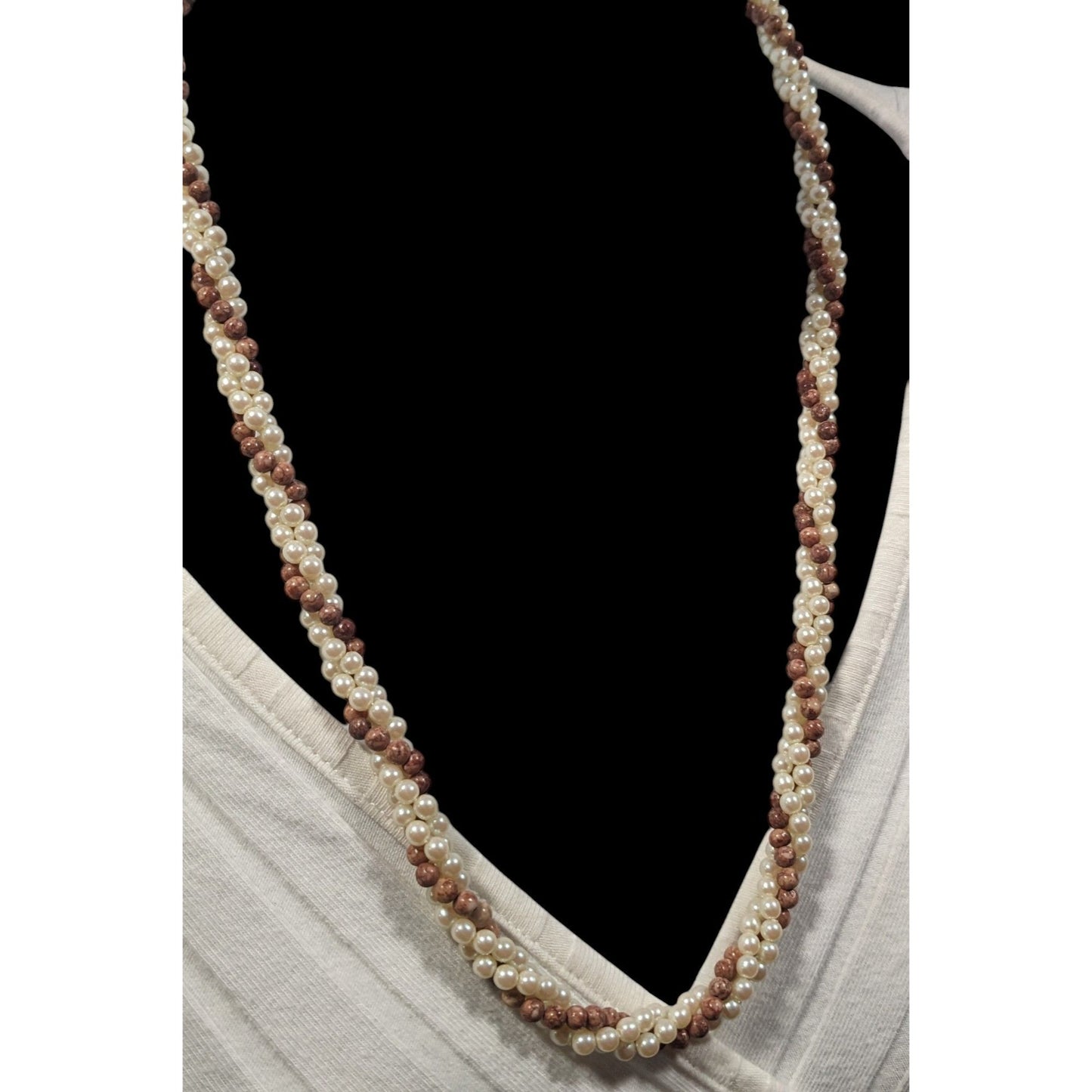 Vintage Faux Pearl And Tan Agate Beaded Torsade Necklace