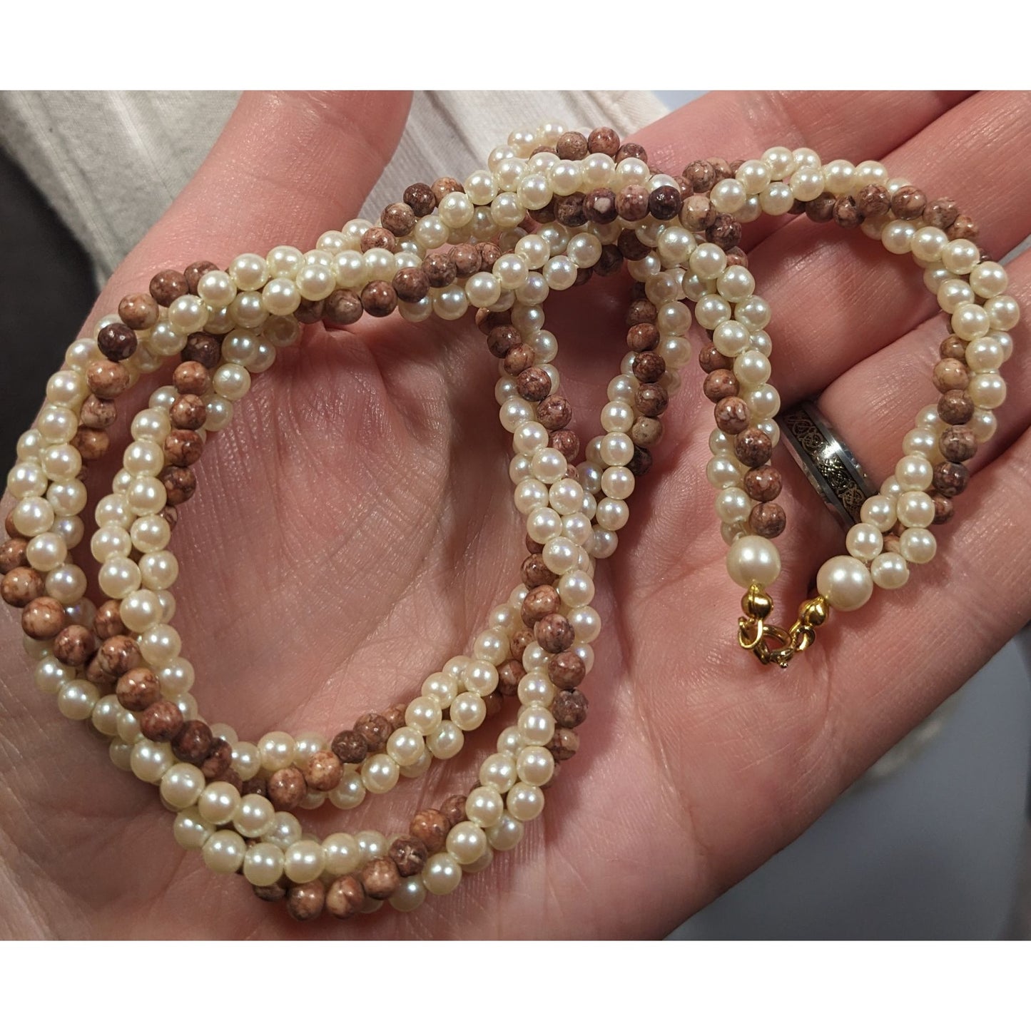 Vintage Faux Pearl And Tan Agate Beaded Torsade Necklace