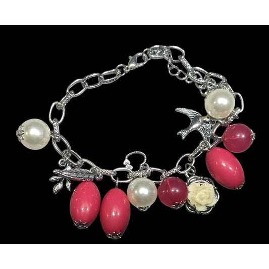 Y2K Coquette Pink And Pearl Floral Charm Bracelet