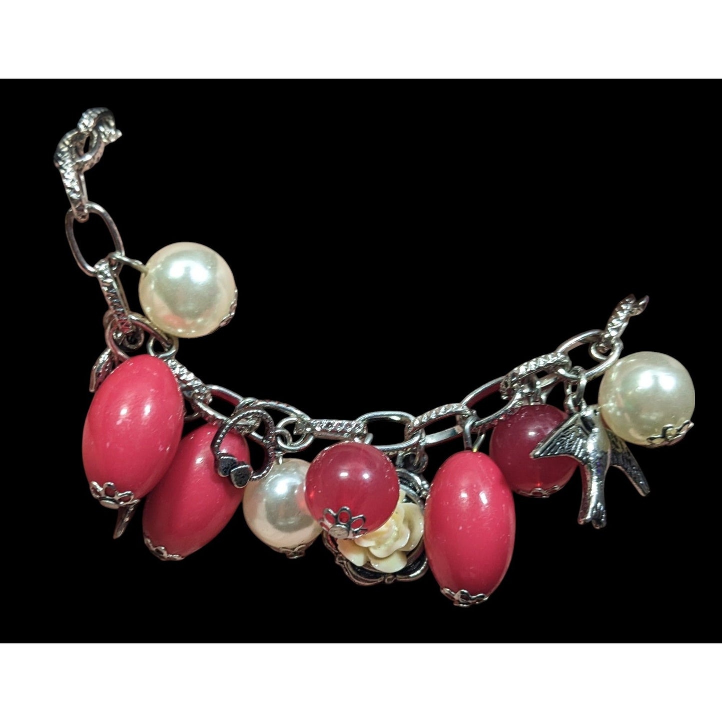 Y2K Coquette Pink And Pearl Floral Charm Bracelet