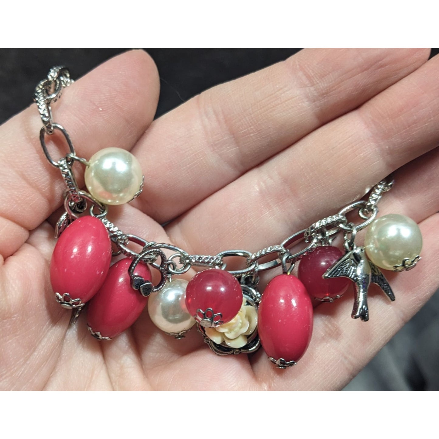 Y2K Coquette Pink And Pearl Floral Charm Bracelet