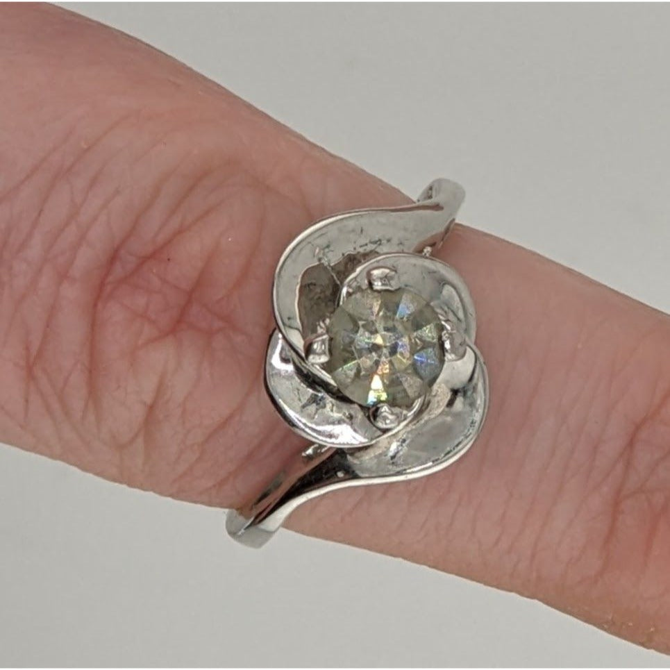 Smoky Quartz Silver Tone Floral Swirl Ring Size 7.75