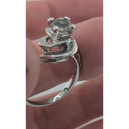 Smoky Quartz Silver Tone Floral Swirl Ring Size 7.75
