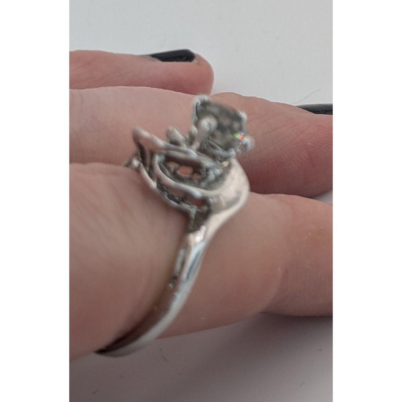 Smoky Quartz Silver Tone Floral Swirl Ring Size 7.75