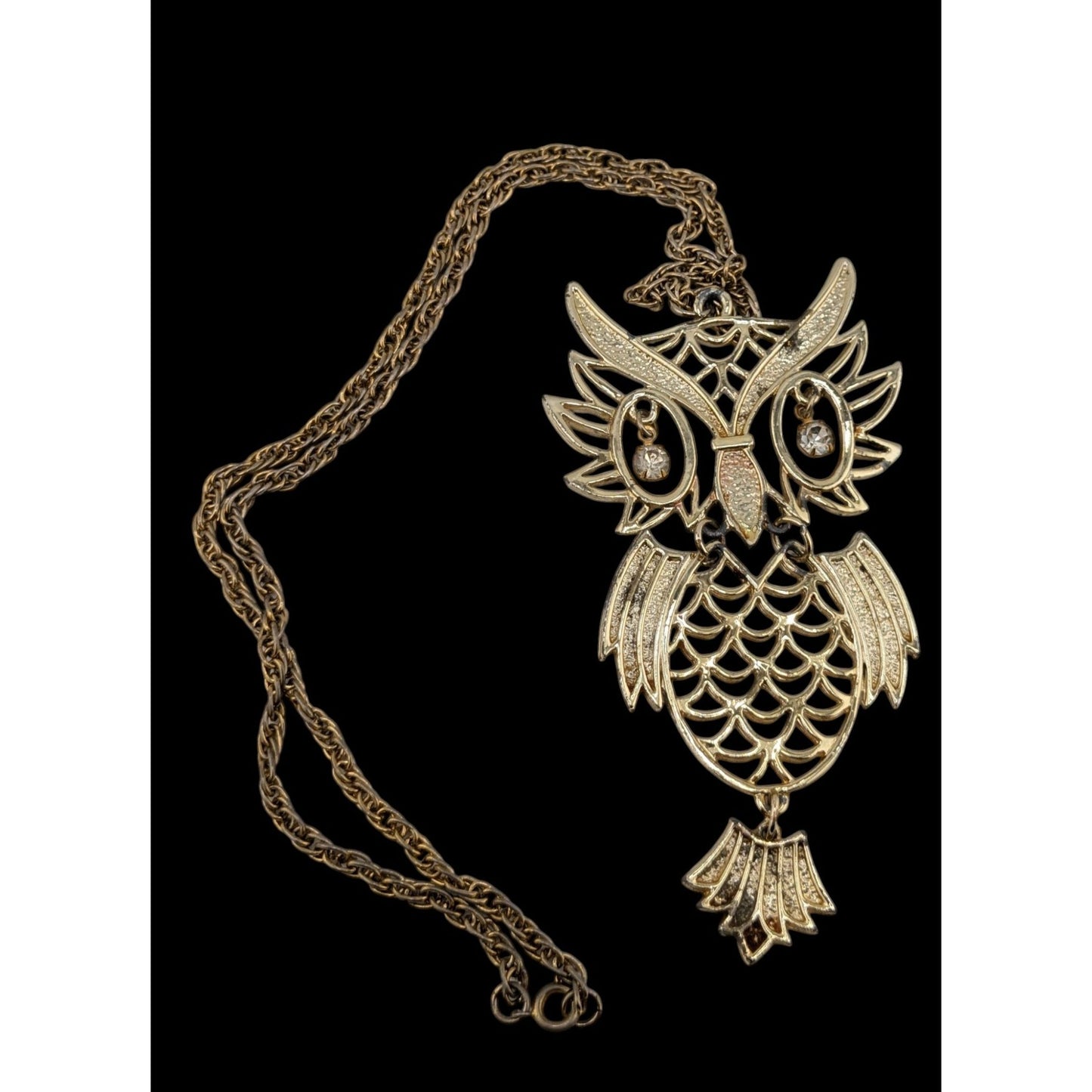 Vintage 1970s Articulated Gold-Tone Owl Necklace With Rhinestones