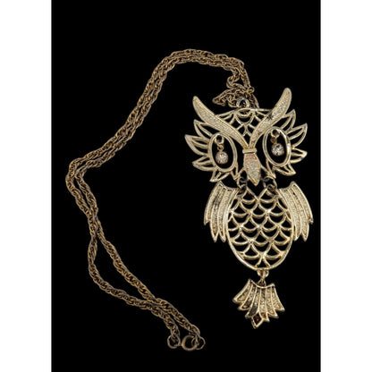 Vintage 1970s Articulated Gold-Tone Owl Necklace With Rhinestones