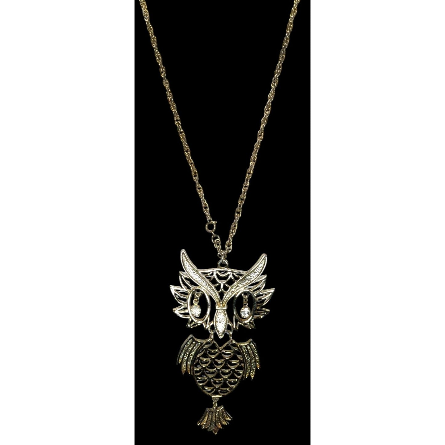 Vintage 1970s Articulated Gold-Tone Owl Necklace With Rhinestones
