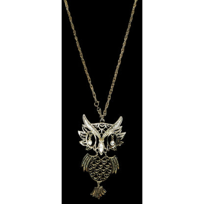 Vintage 1970s Articulated Gold-Tone Owl Necklace With Rhinestones