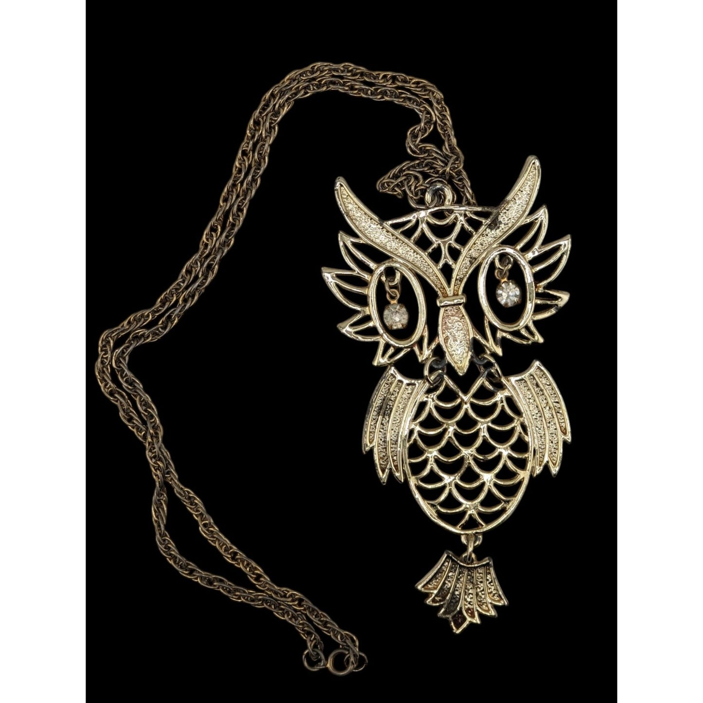 Vintage 1970s Articulated Gold-Tone Owl Necklace With Rhinestones