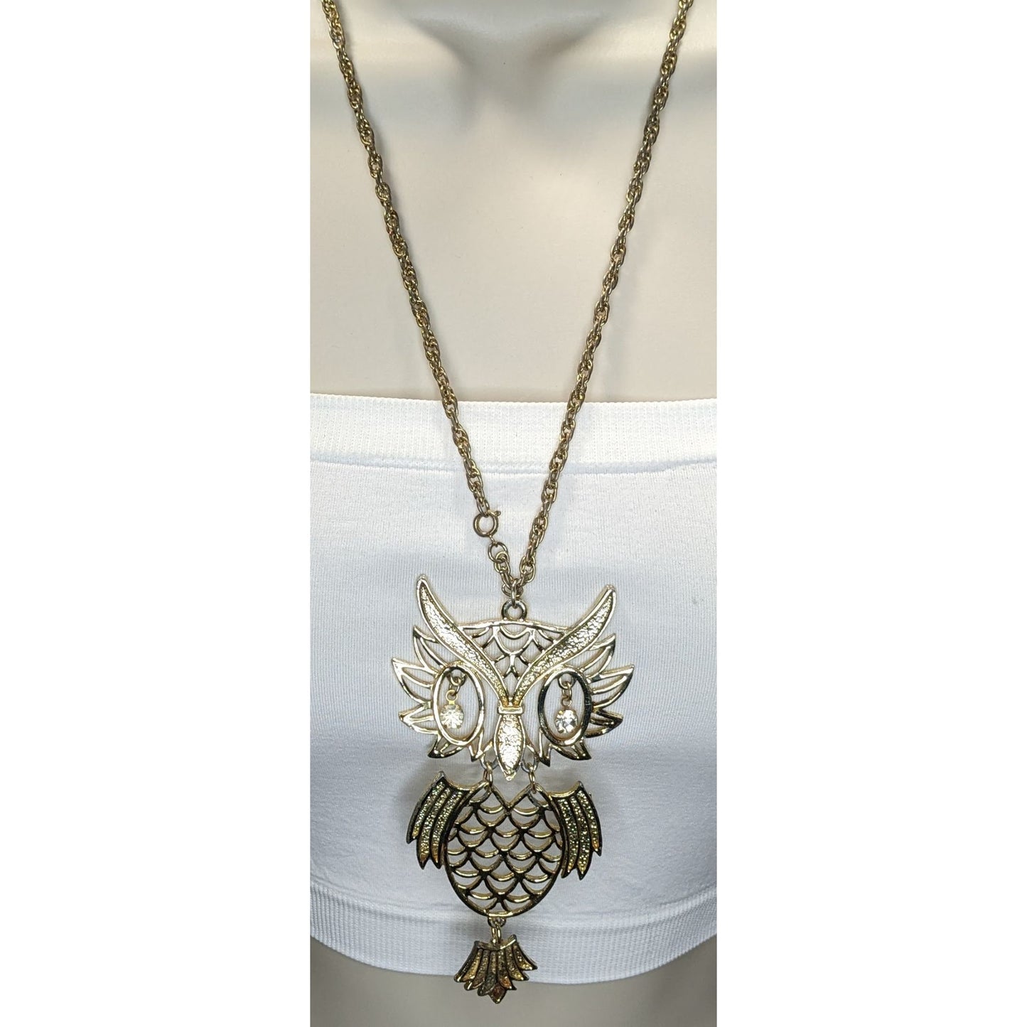 Vintage 1970s Articulated Gold-Tone Owl Necklace With Rhinestones