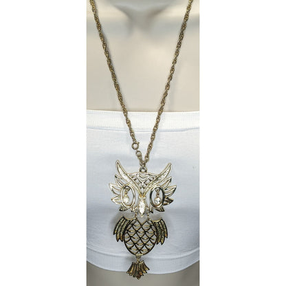 Vintage 1970s Articulated Gold-Tone Owl Necklace With Rhinestones