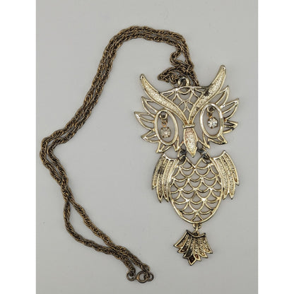 Vintage 1970s Articulated Gold-Tone Owl Necklace With Rhinestones