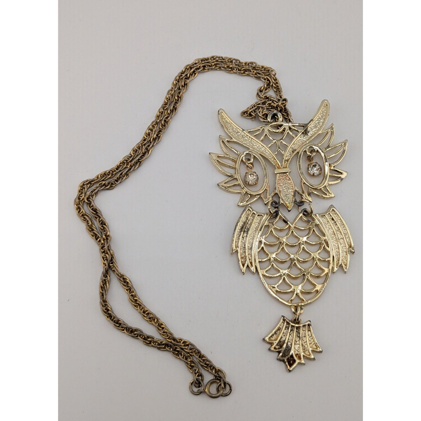 Vintage 1970s Articulated Gold-Tone Owl Necklace With Rhinestones