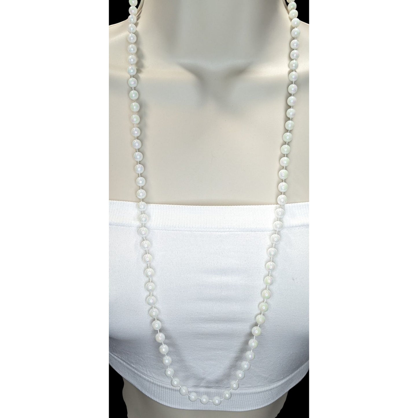Long Iridescent White Beaded Necklace