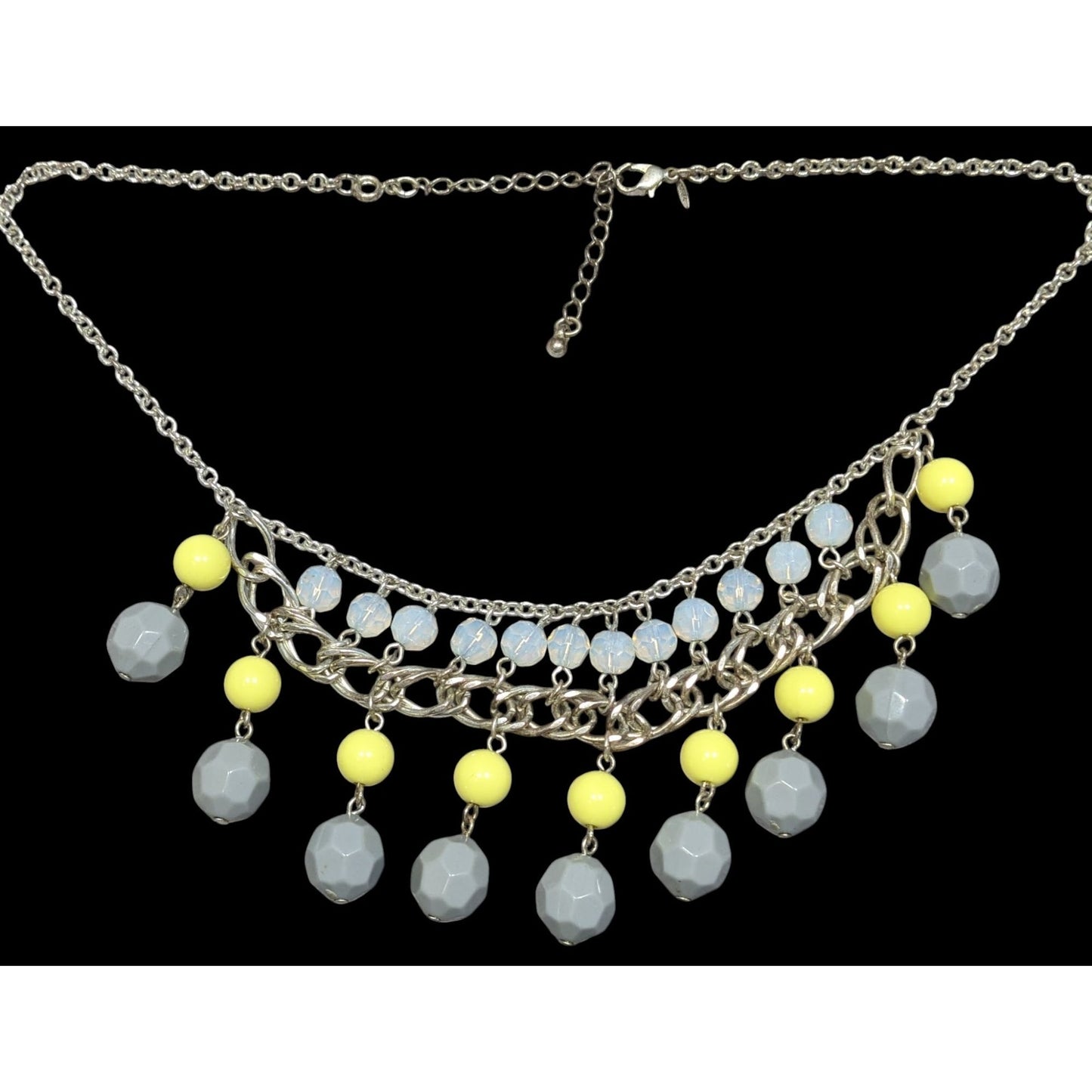 Avon Grey And Yellow Beaded Fringe Bib Necklace