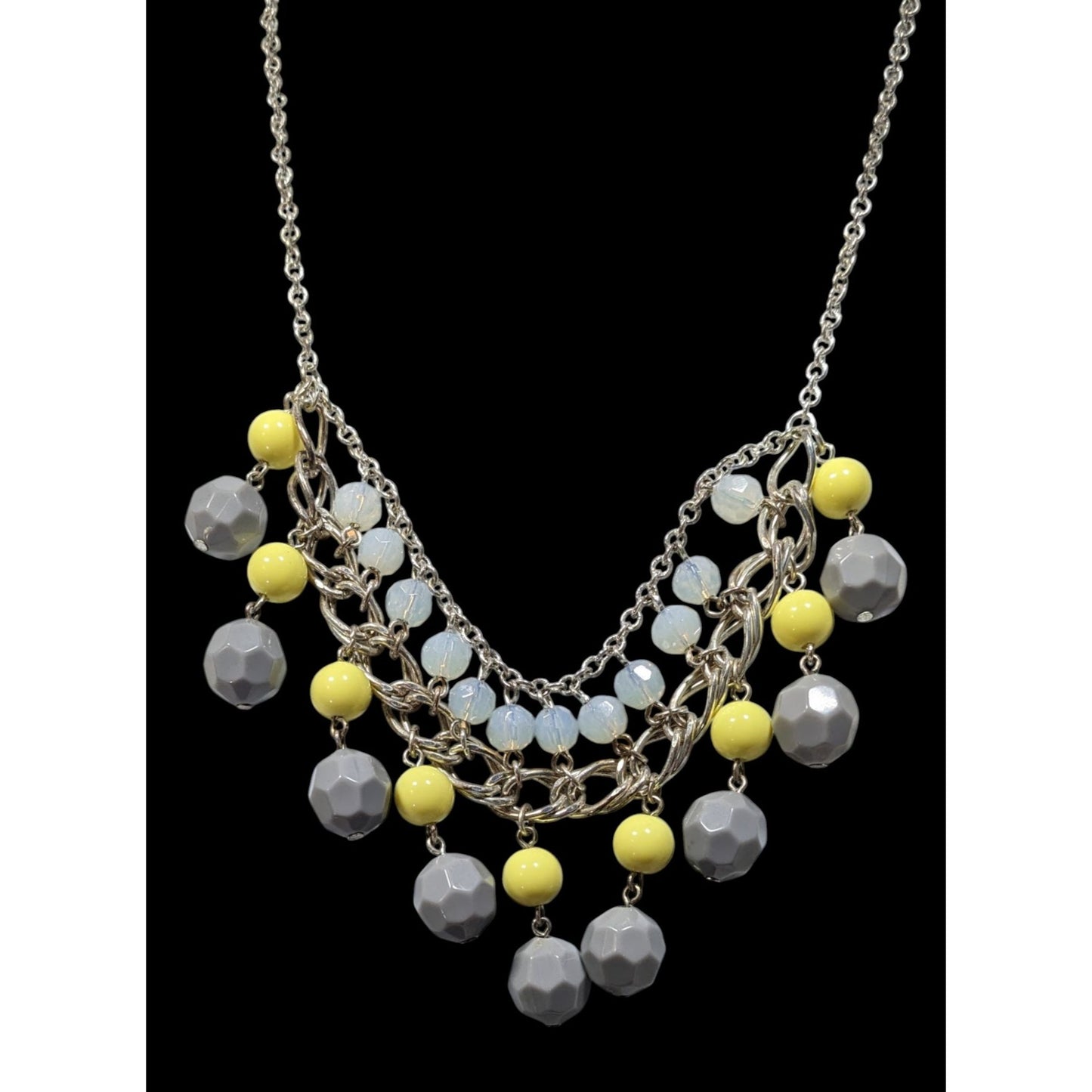 Avon Grey And Yellow Beaded Fringe Bib Necklace