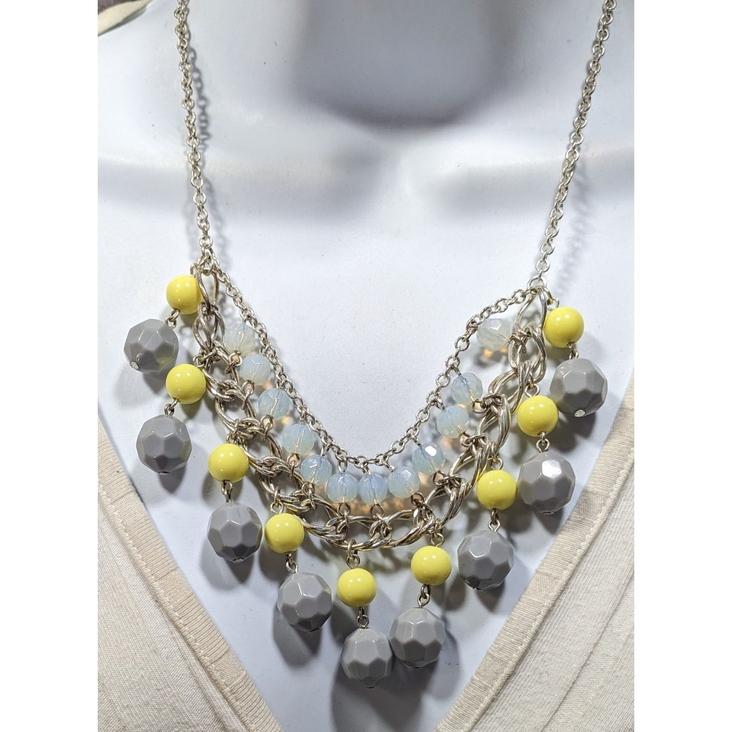 Avon Grey And Yellow Beaded Fringe Bib Necklace