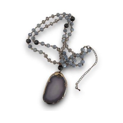 Boho Agate Geode Glass Gray Gold Pendant Necklace 32 Inch