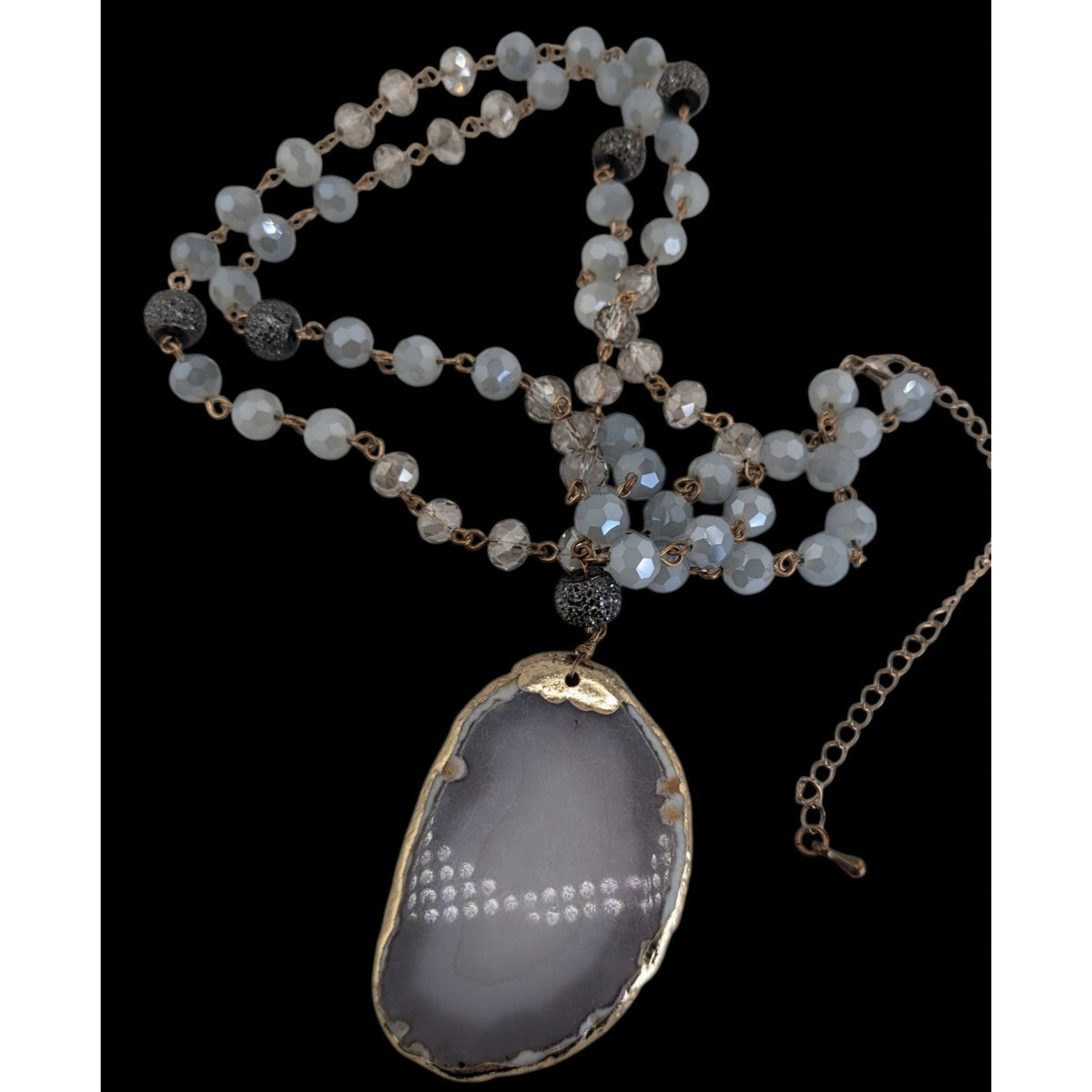 Boho Agate Geode Glass Gray Gold Pendant Necklace 32 Inch