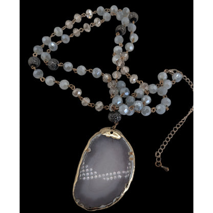 Boho Agate Geode Glass Gray Gold Pendant Necklace 32 Inch
