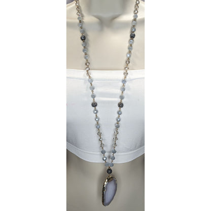 Boho Agate Geode Glass Gray Gold Pendant Necklace 32 Inch