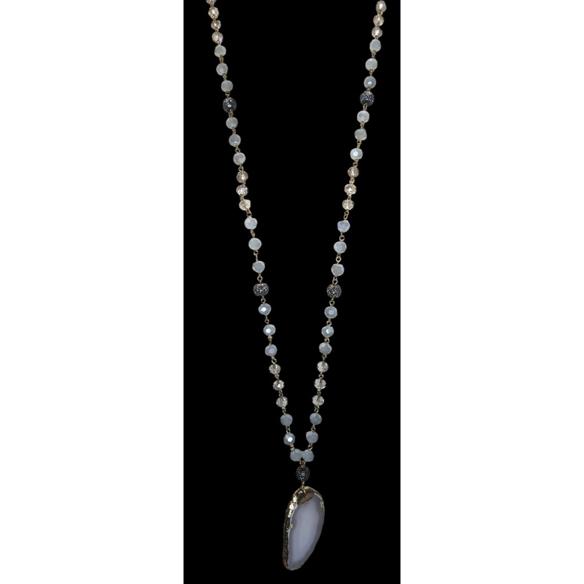 Boho Agate Geode Glass Gray Gold Pendant Necklace 32 Inch