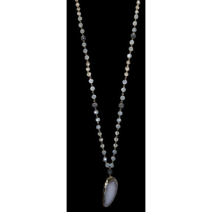 Boho Agate Geode Glass Gray Gold Pendant Necklace 32 Inch